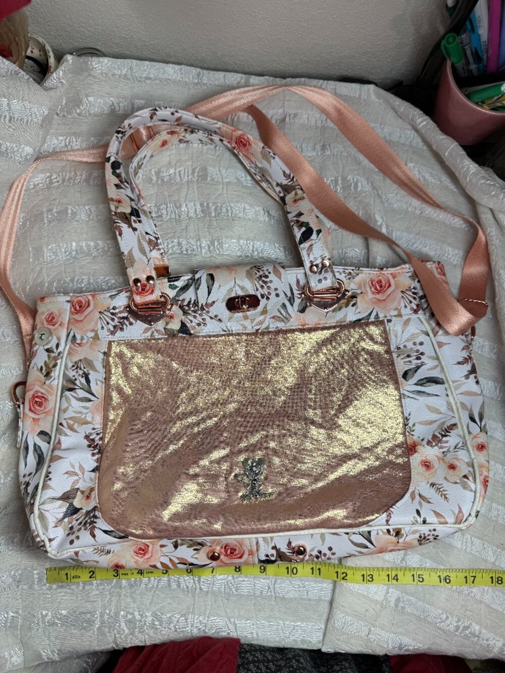 Queen & Beyond Rose Floral Faux Leather Diaper Bag Tote Rose Gold